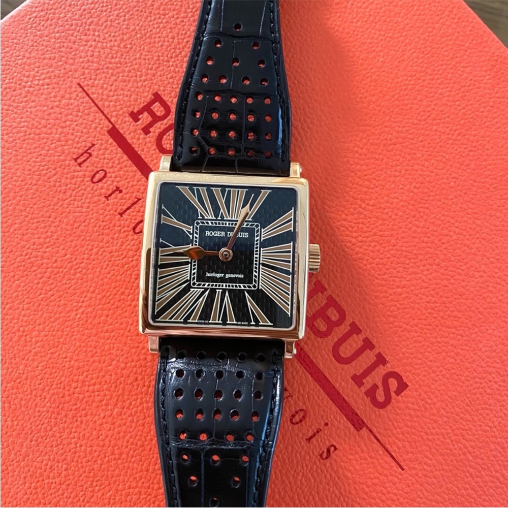 Rare! Roger Dubuis rose gold limited edition of 28, Golden Square wristwatch.